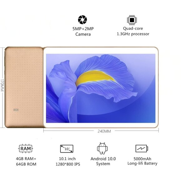 10.1" Android Tablet 4G LTE Dual-SIM, 4GB+64GB, HD IPS, GPS, Wi-Fi – Gold - Picture 1 of 6
